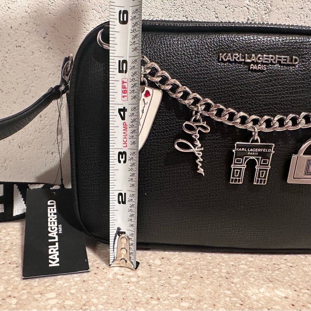 Karl Lagerfeld Camera Bag Black Crossbody Black & White Logo Strap Charms Paris - Picture 12 of 17